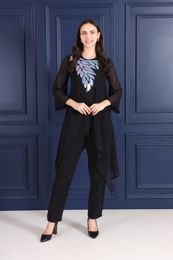 Women's Sequins Motifs Embellished Asymmetric Kurti Pant Set