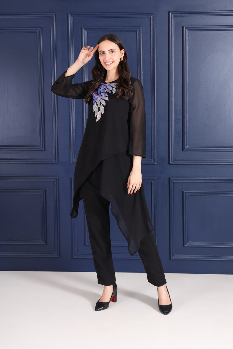 Women's Sequins Motifs Embellished Asymmetric Kurti Pant Set