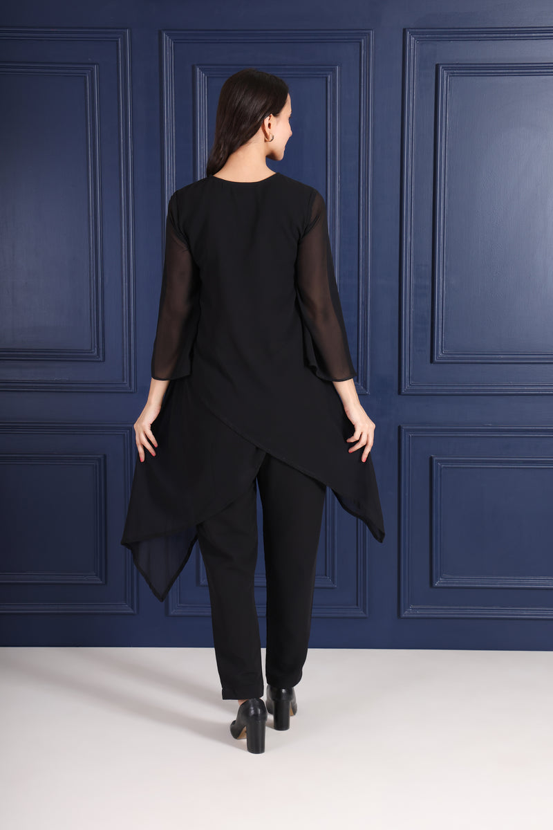 Women's Sequins Motifs Embellished Asymmetric Kurti Pant Set