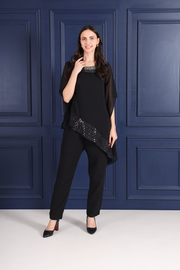 Women's Sequins Motifs Embellished Asymmetric Kurti Pant Set