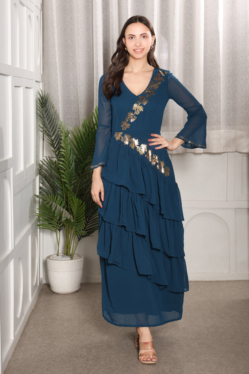 Elegant Frilled Ankle-Length Embellished Maxi  Dress
