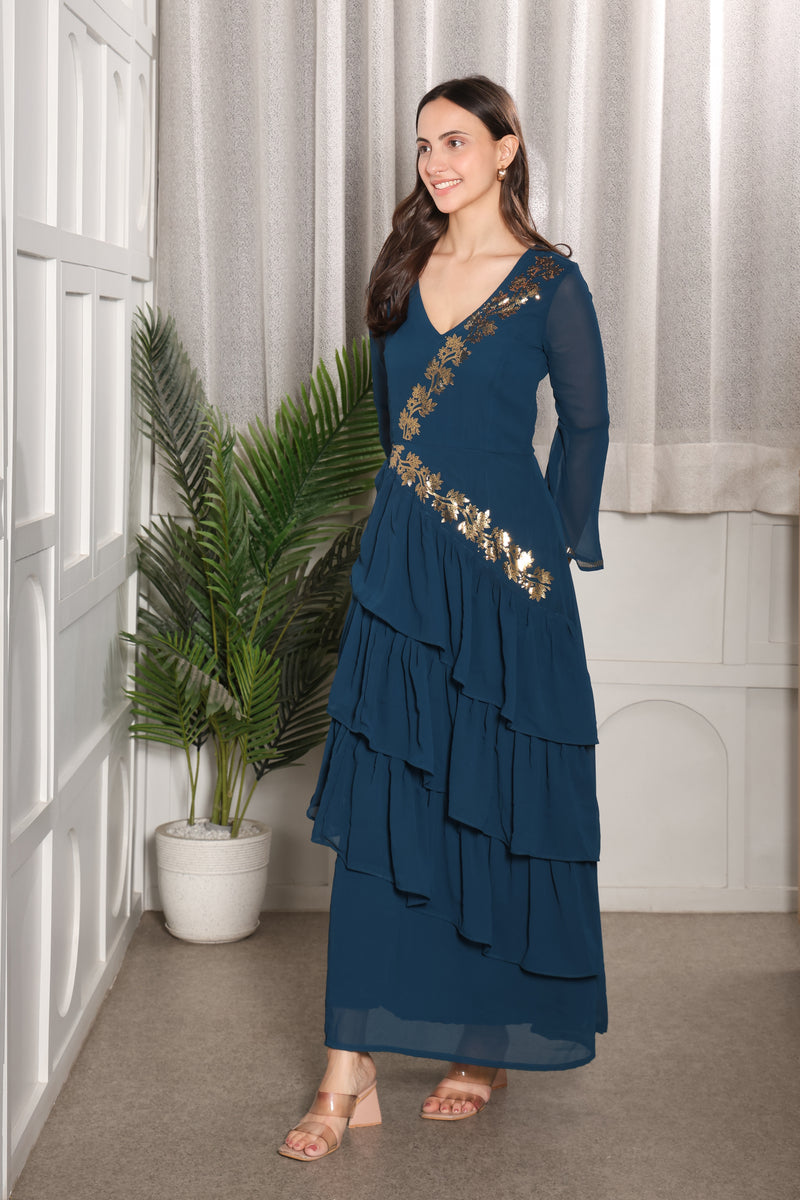 Elegant Frilled Ankle-Length Embellished Maxi  Dress