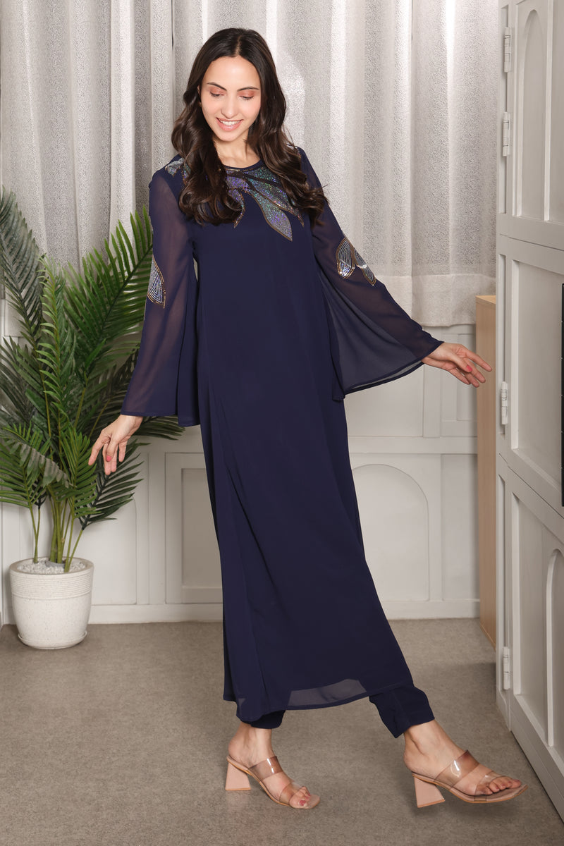 Women's Sequins Motifs Embellished Asymmetric Kurti Pant Set