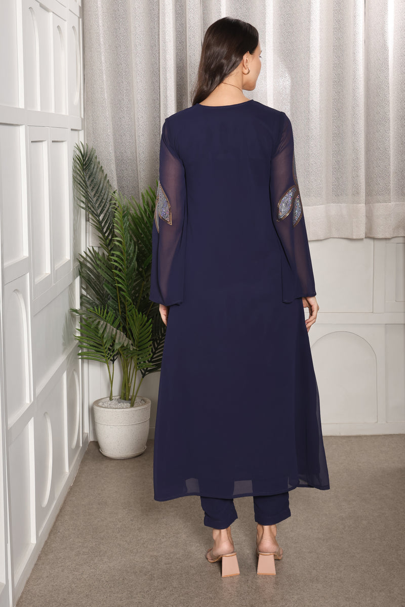 Women's Sequins Motifs Embellished Asymmetric Kurti Pant Set