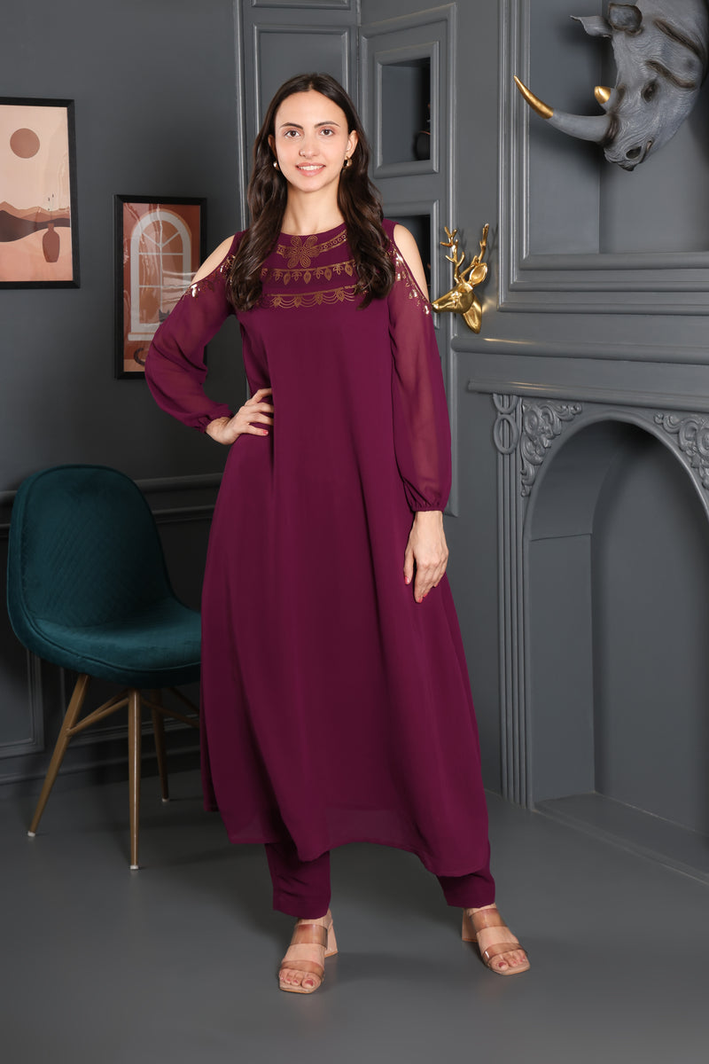 Women's Sequins Motifs Embellished Asymmetric Kurti Pant Set