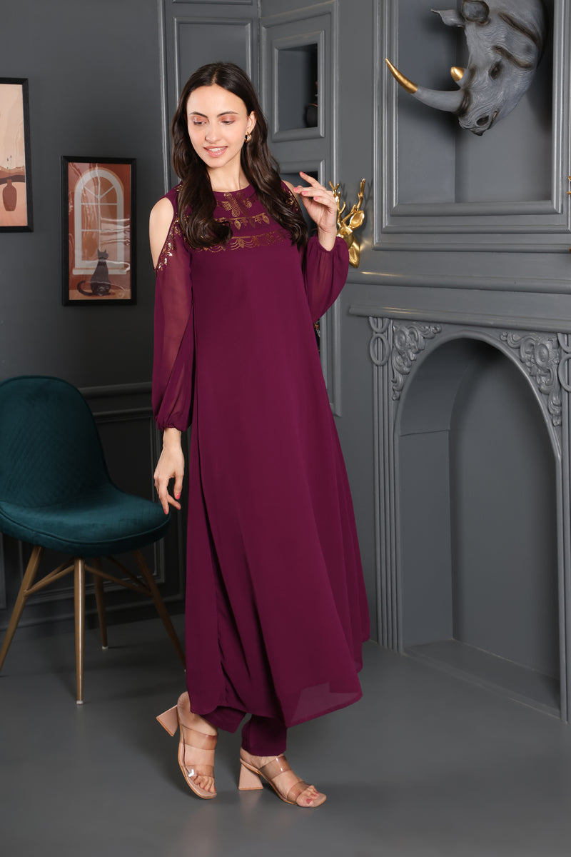 Women's Sequins Motifs Embellished Asymmetric Kurti Pant Set