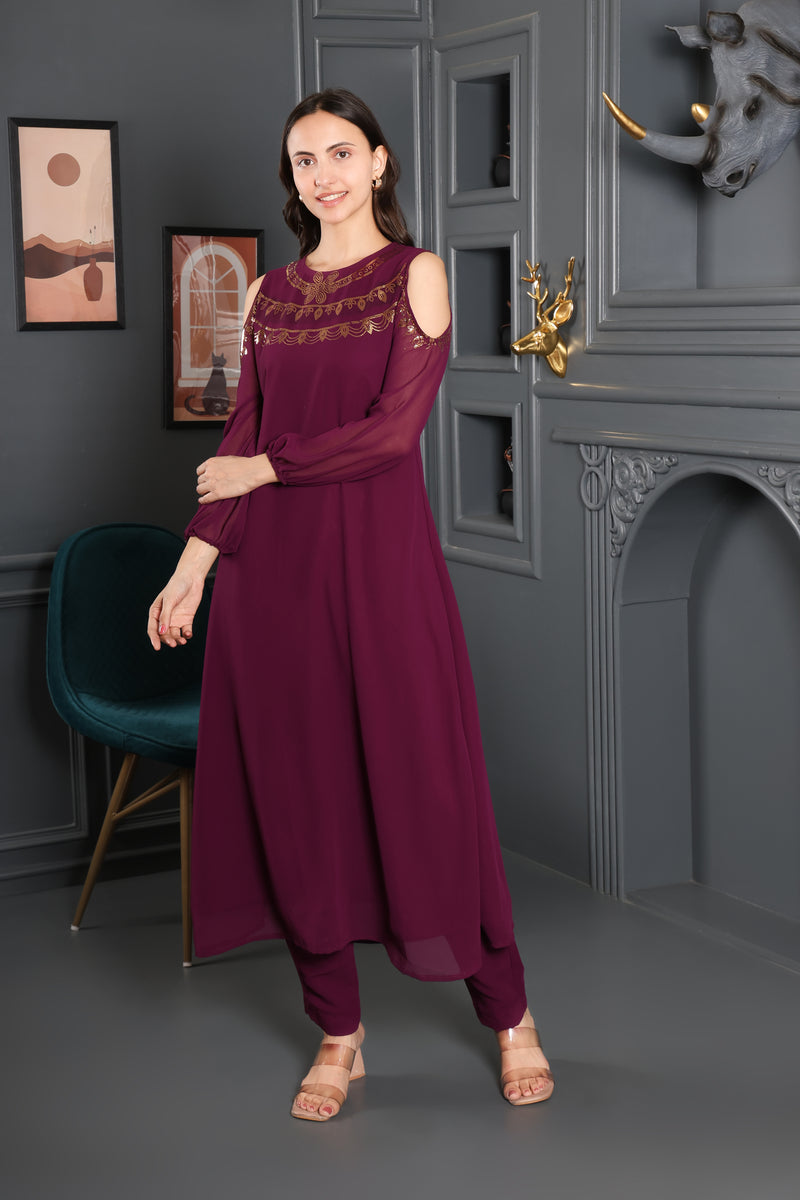 Women's Sequins Motifs Embellished Asymmetric Kurti Pant Set