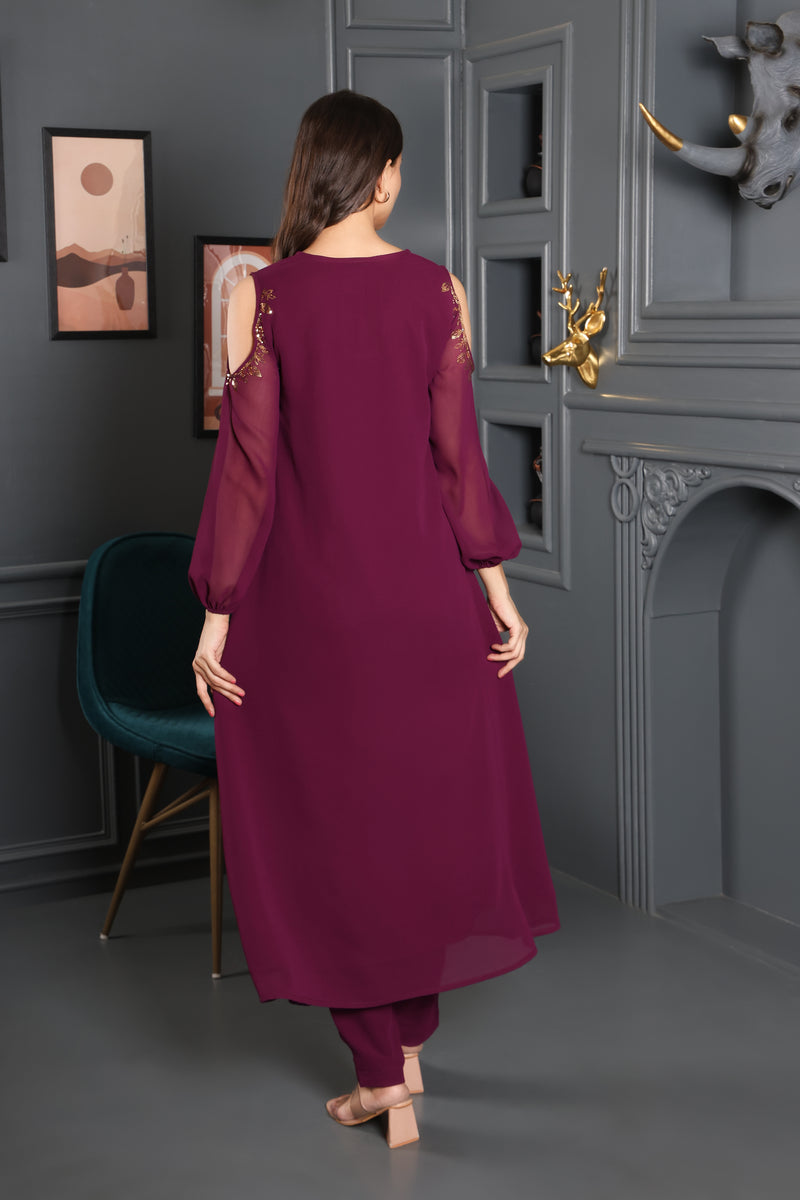 Women's Sequins Motifs Embellished Asymmetric Kurti Pant Set