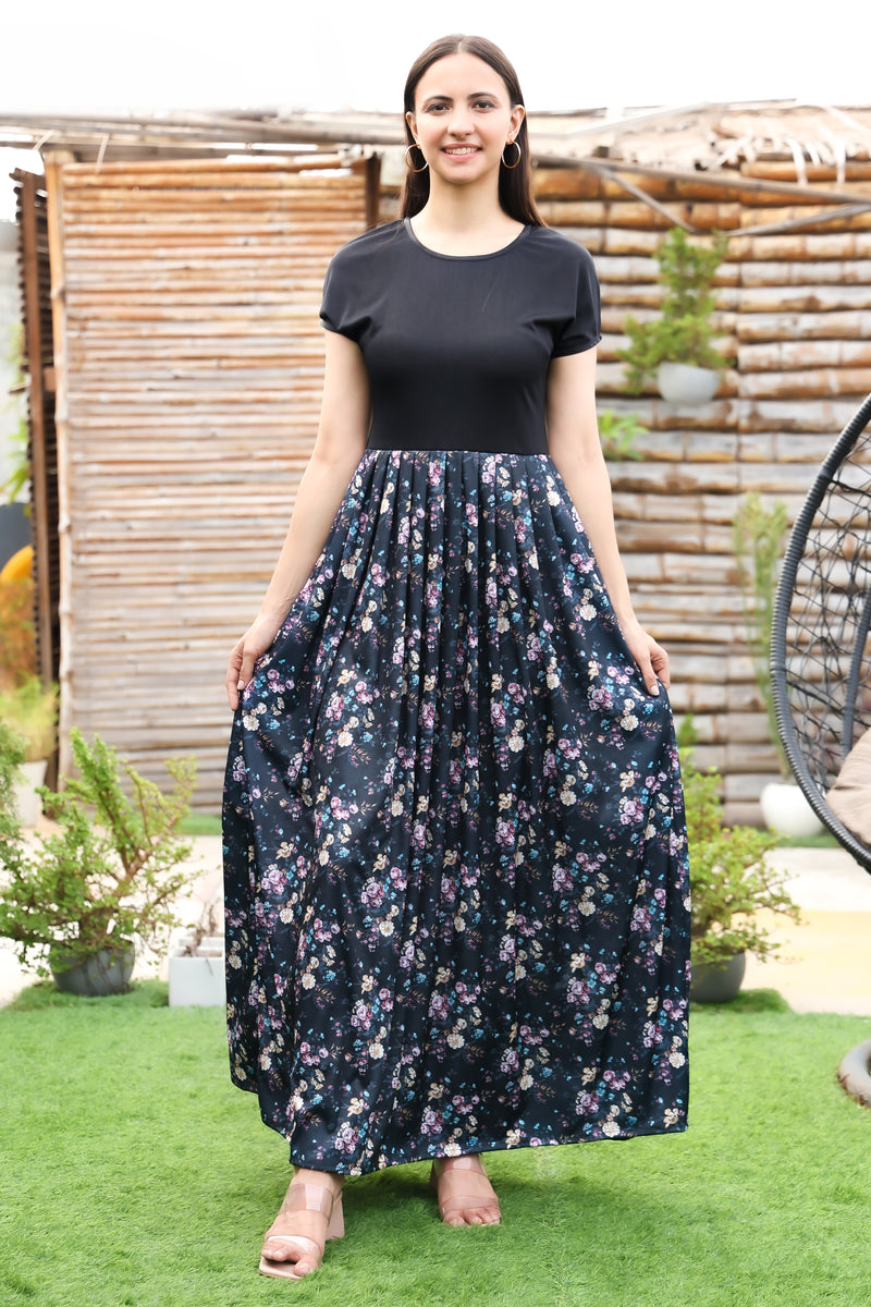 Midnight Blooms Pleated Black Floral Maxi Dress