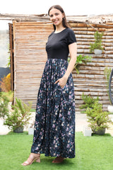 Midnight Blooms Pleated Black Floral Maxi Dress