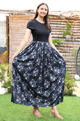 Midnight Blooms Pleated Black Floral Maxi Dress