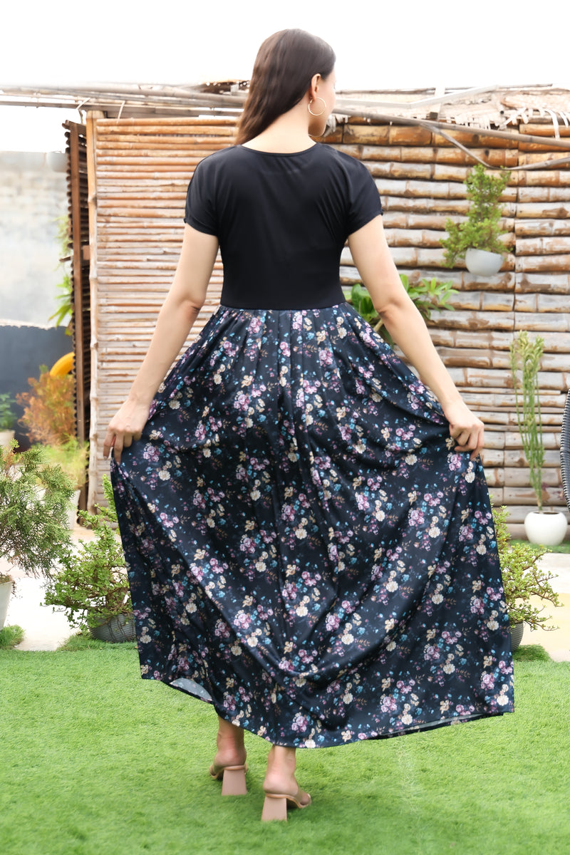 Midnight Blooms Pleated Black Floral Maxi Dress