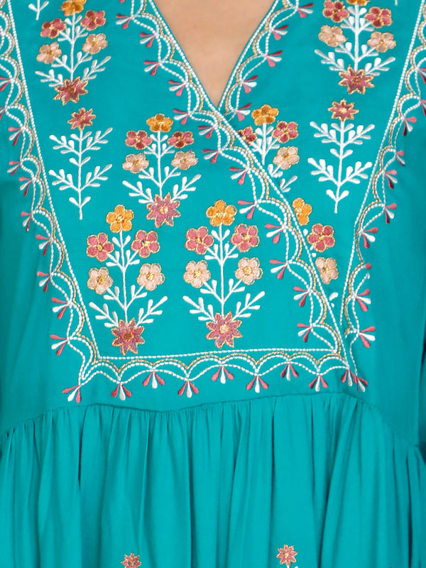 WOMEN FLORAL EMBROIDED KURTI SHV 29 TURQUOISE