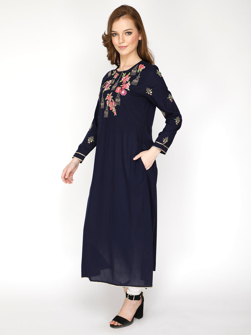 Elegant Floral Embroidered Rayon Kurti