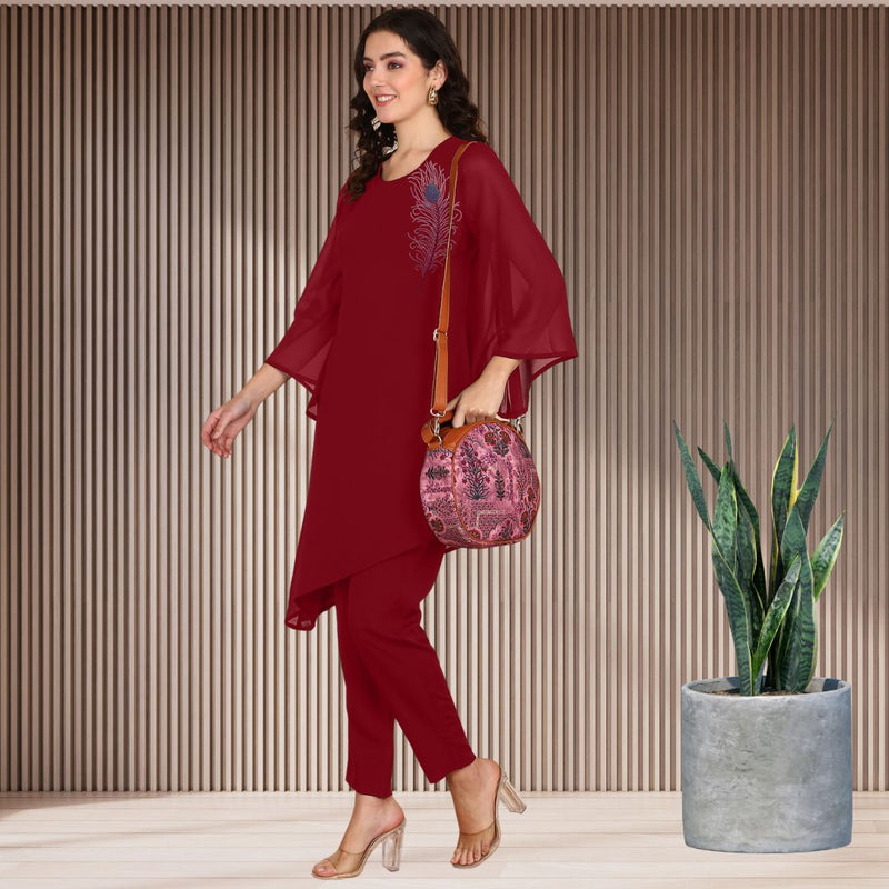 Women Sequins Motifs Embellished Asymmetric Kurti Pant Set