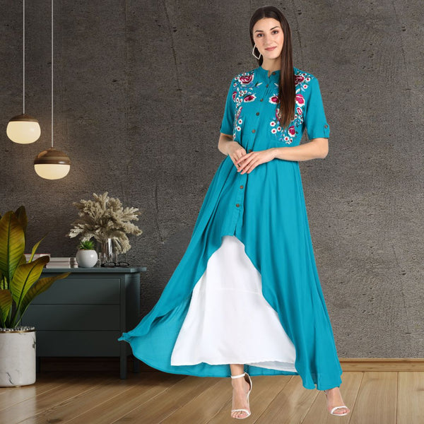 Graceful Floral Embroidered Rayon Shrug Kurti Set