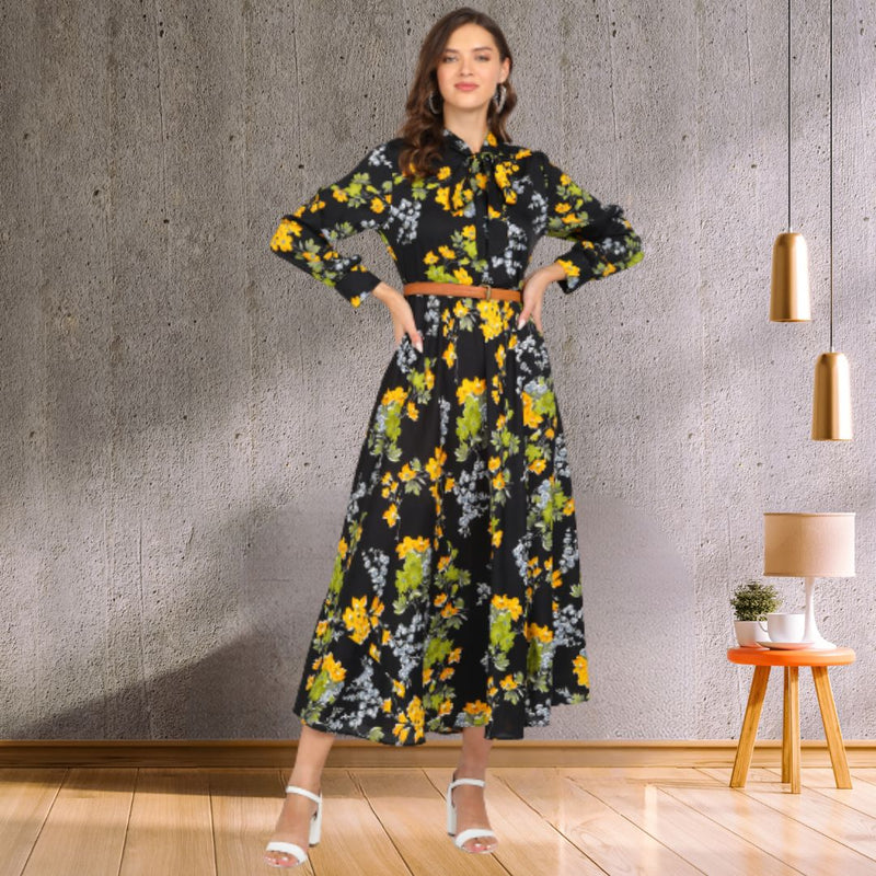 Eternal Bloom Fit and Flare Floral Long Crepe Dress