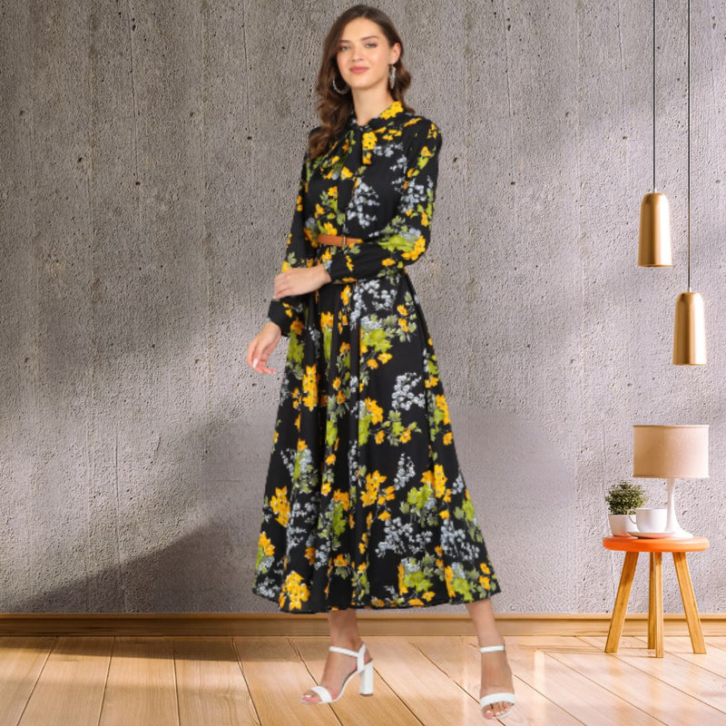 Eternal Bloom Fit and Flare Floral Long Crepe Dress