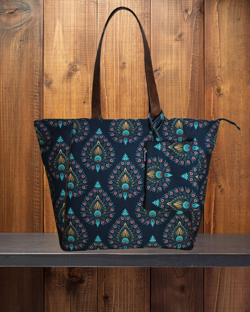 PEACOCK FEATHER PRINT TOTE BAG EB 2