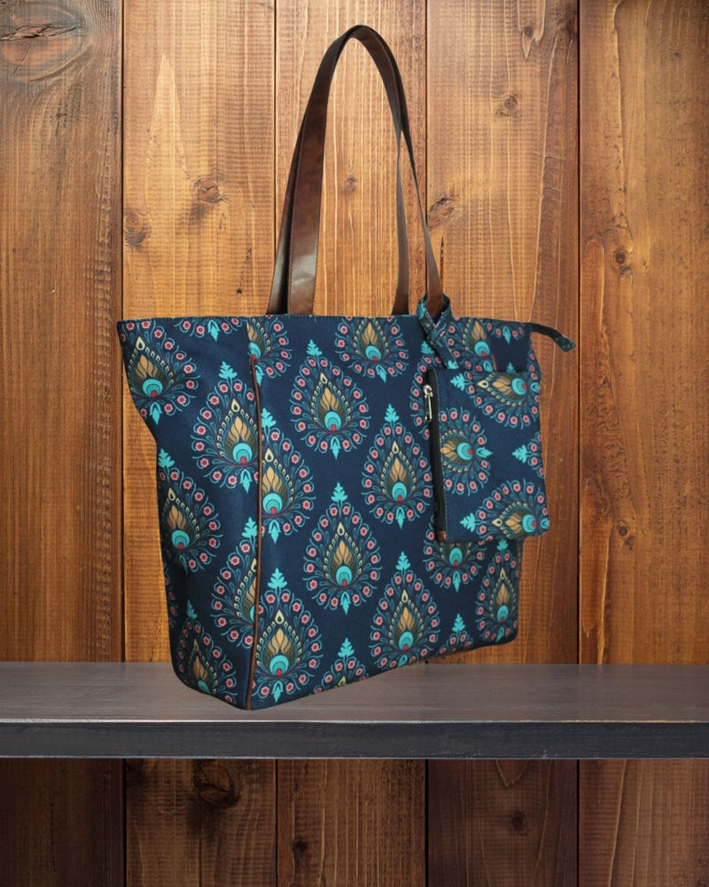 Peacock Feather Printed Canvas Shopper Tote Bag