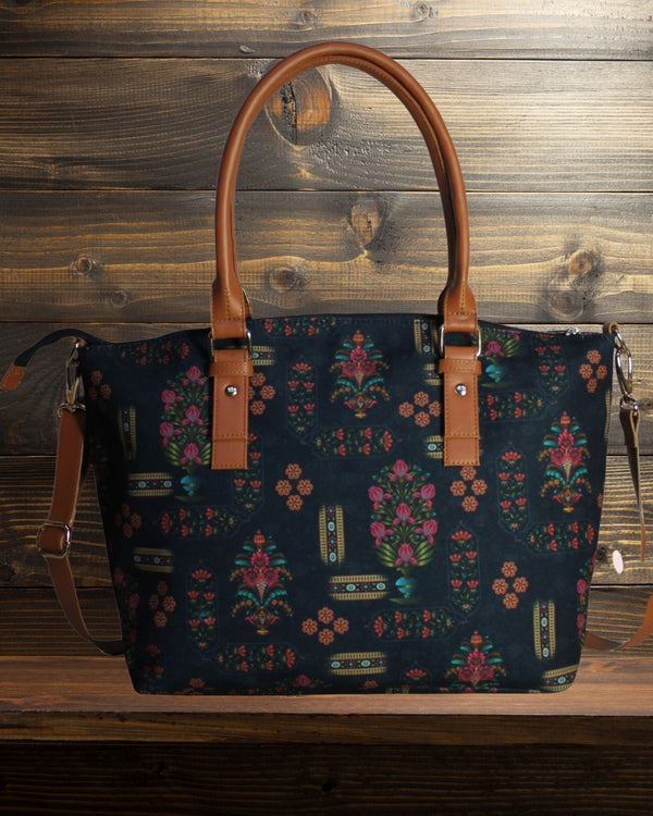 Ethnic Floral Motifs Print Canvas Tote Bag