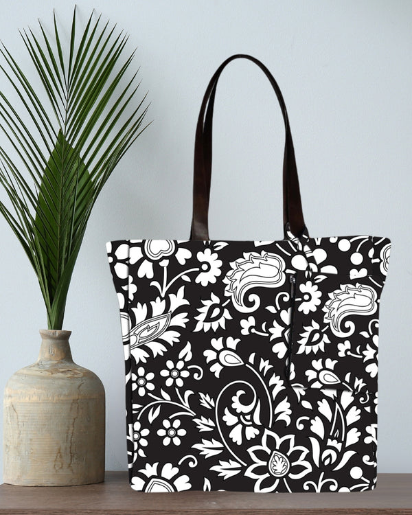 BLACK FLORAL PRINT TOTE BAG