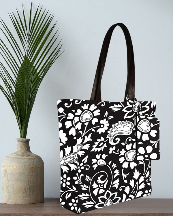 BLACK FLORAL PRINT TOTE BAG