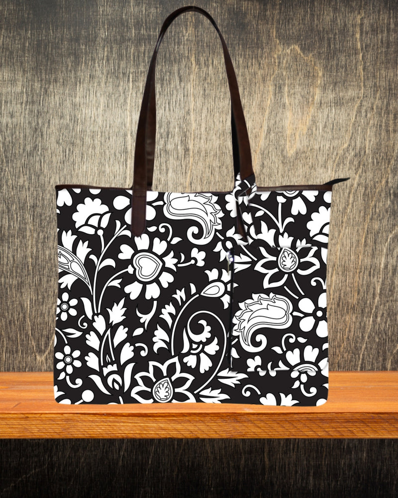 BLACK FLORAL PRINT TOTE BAG