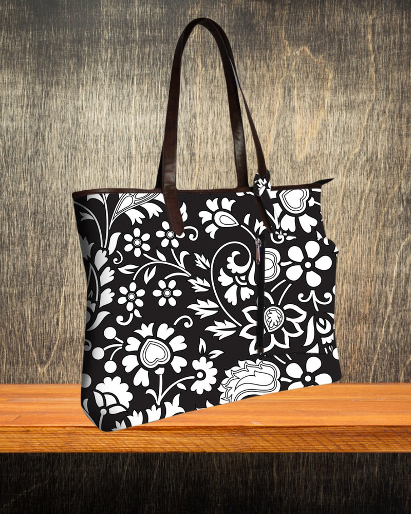 BLACK FLORAL PRINT TOTE BAG