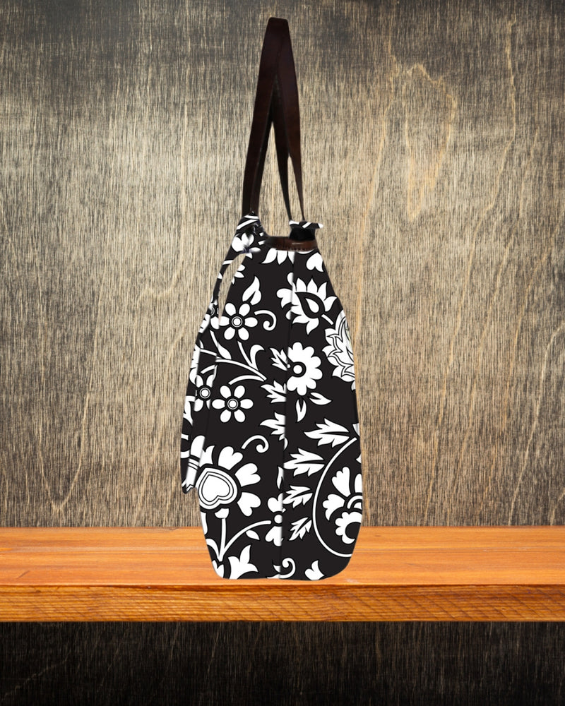 BLACK FLORAL PRINT TOTE BAG
