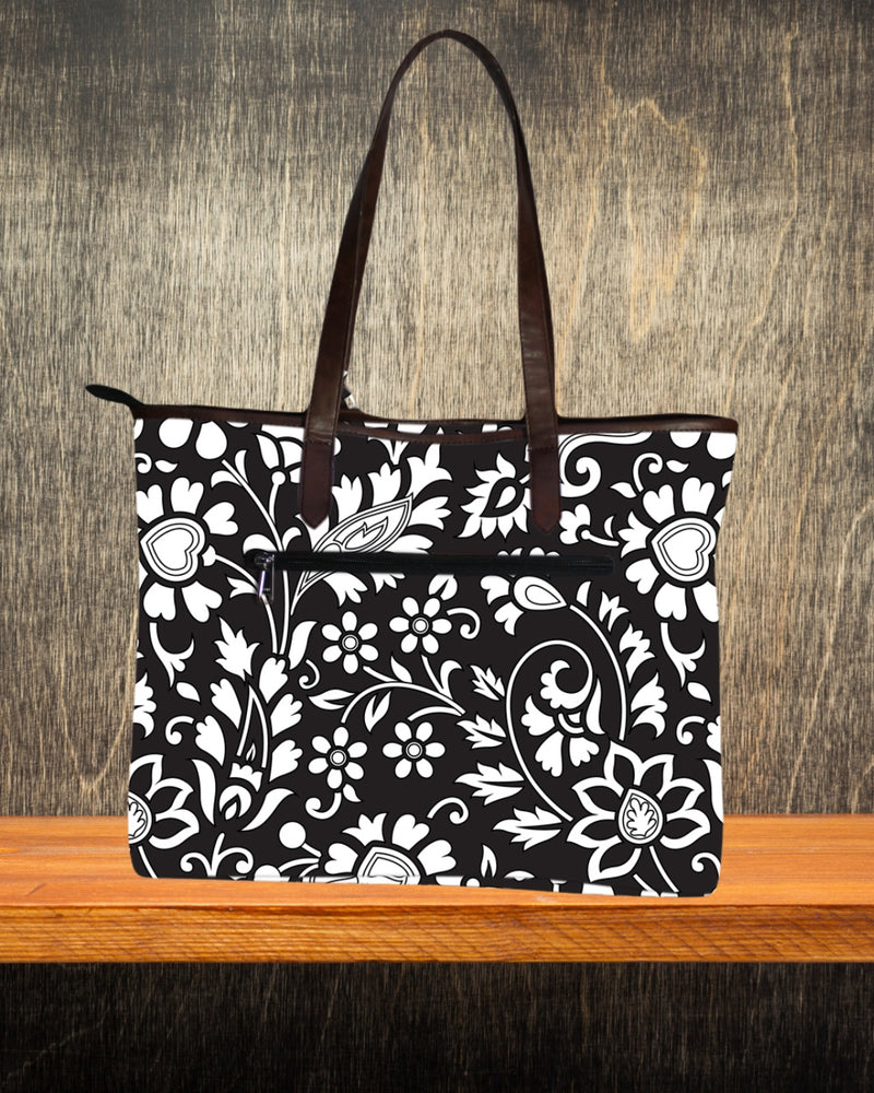 BLACK FLORAL PRINT TOTE BAG