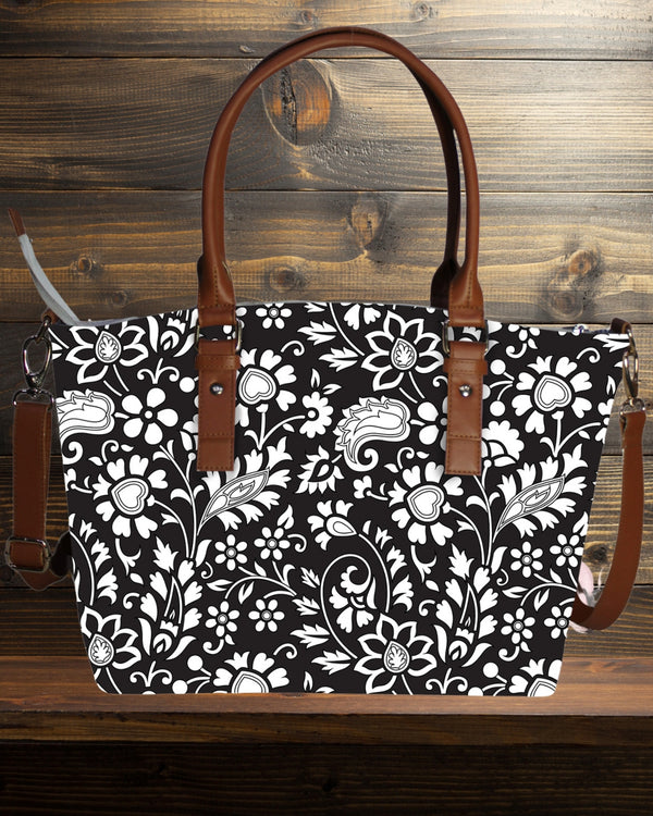 Monochrome Floral Print Canvas Tote Bag