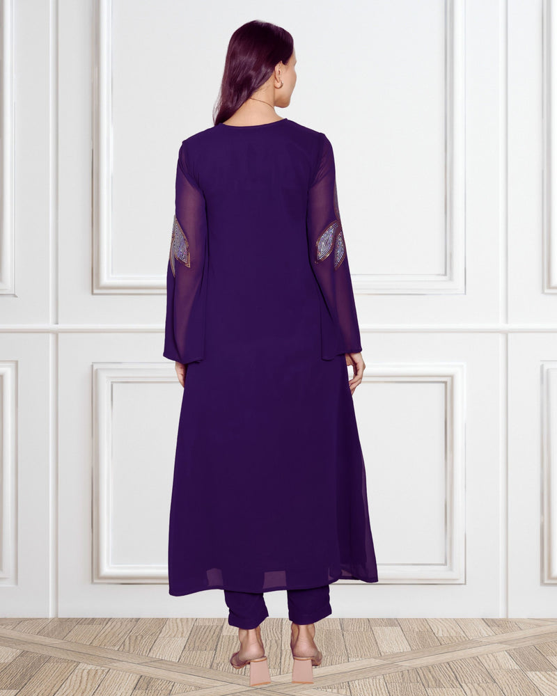 Women's Sequins Motifs Embellished Asymmetric Kurti Pant Set