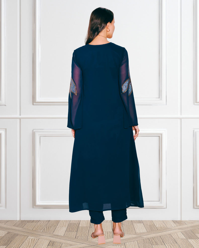 Women's Sequins Motifs Embellished Asymmetric Kurti Pant Set