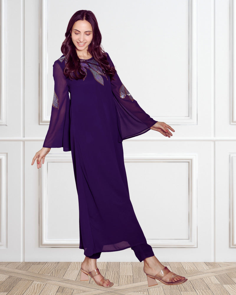 Women's Sequins Motifs Embellished Asymmetric Kurti Pant Set