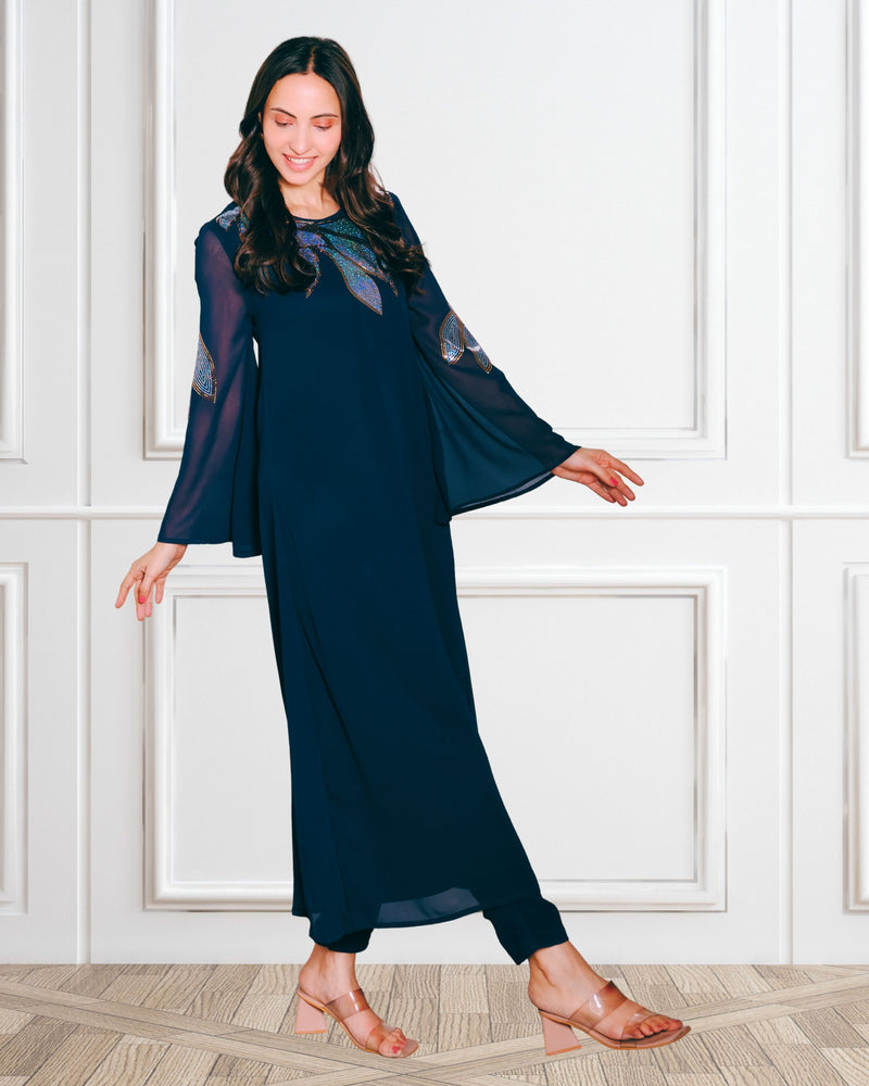 Women's Sequins Motifs Embellished Asymmetric Kurti Pant Set