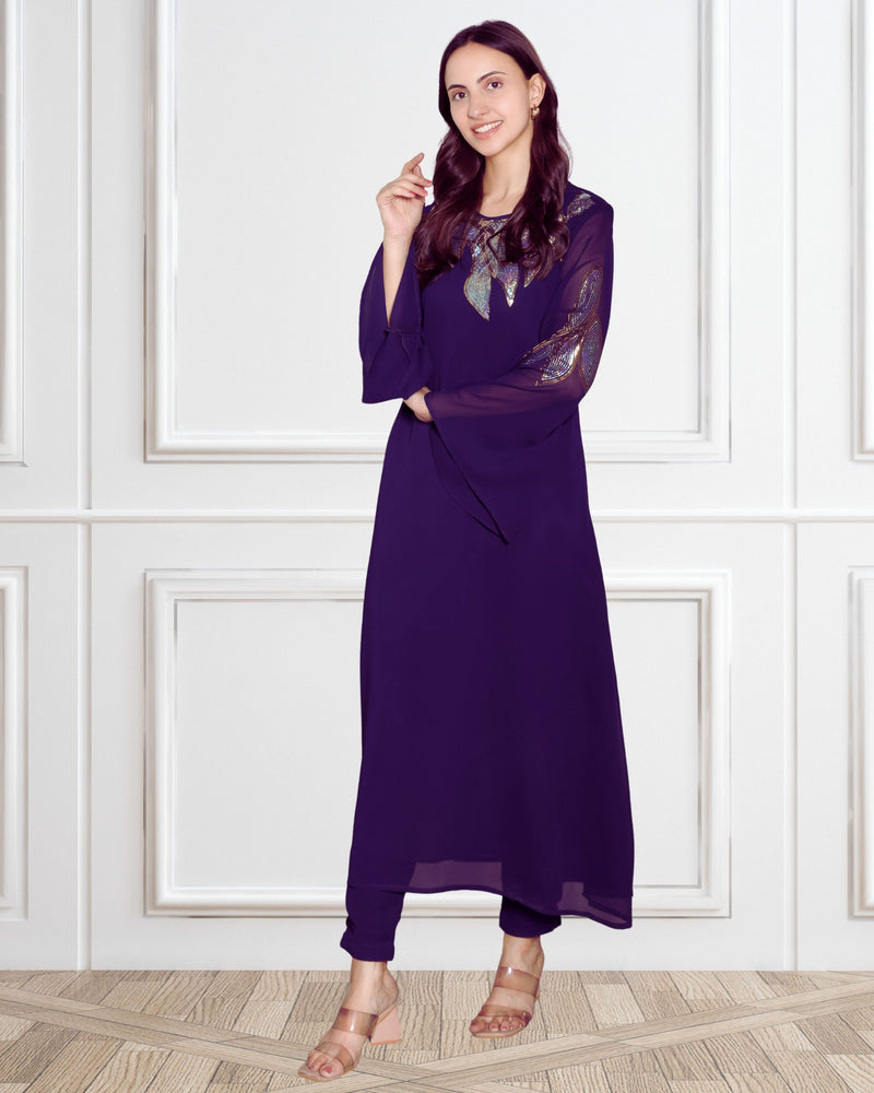 Women's Sequins Motifs Embellished Asymmetric Kurti Pant Set