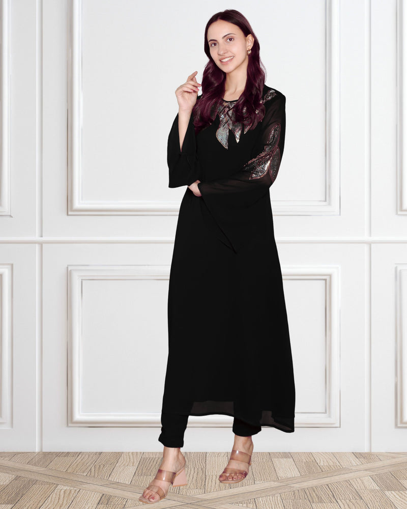 Women's Sequins Motifs Embellished Asymmetric Kurti Pant Set