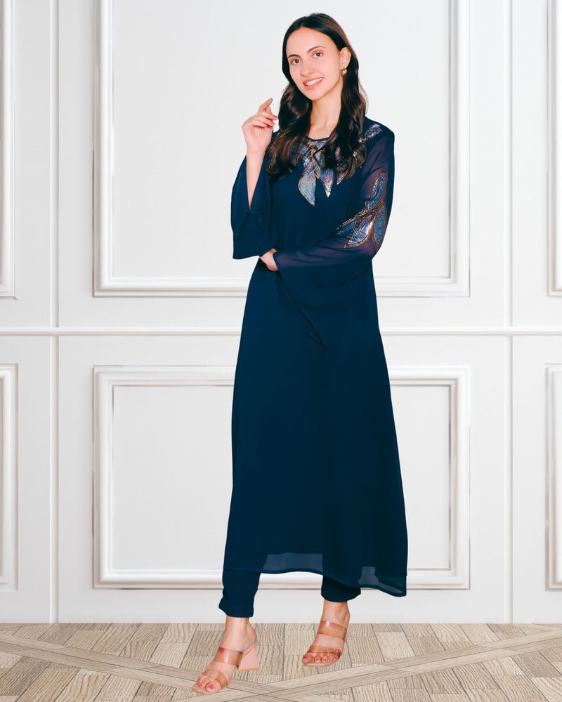 Women's Sequins Motifs Embellished Asymmetric Kurti Pant Set