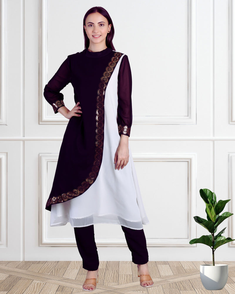 Women's Sequins Motifs Embellished Georgette Colour Block Kurti Pant Set