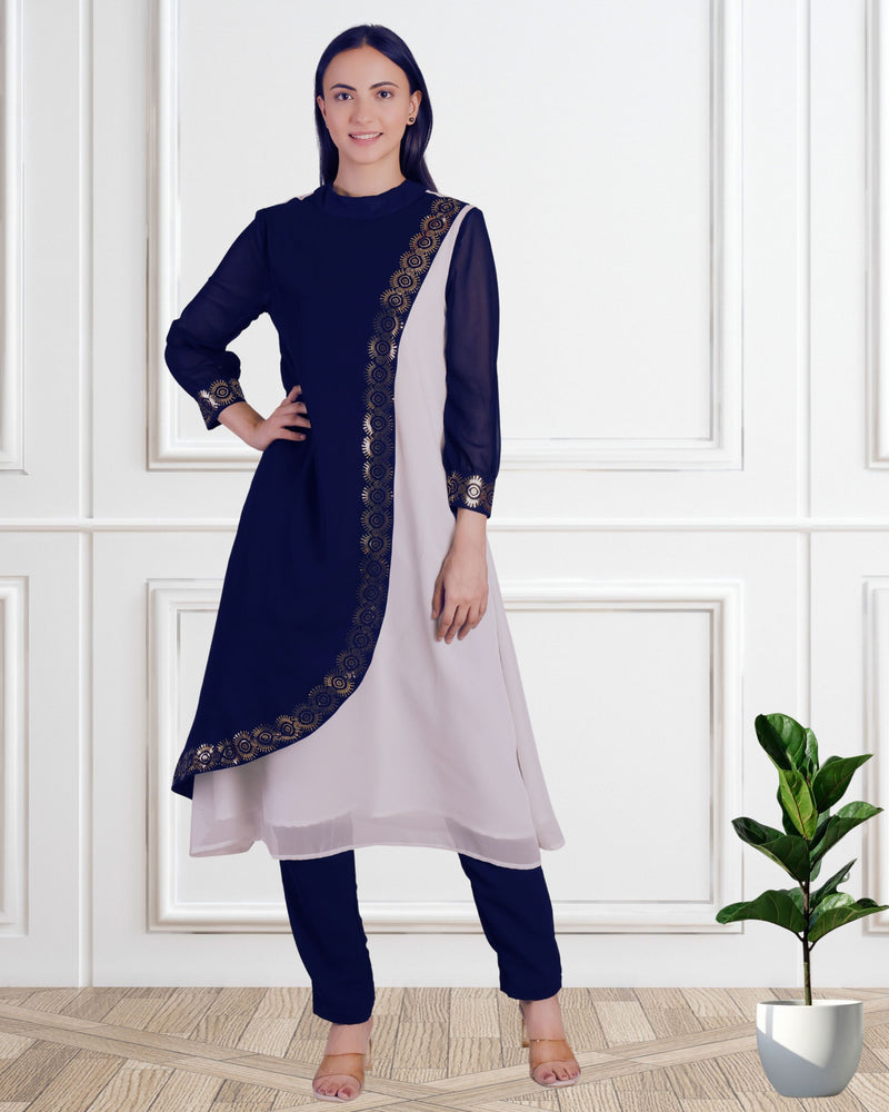 Women's Sequins Motifs Embellished Georgette Colour Block Kurti Pant Set