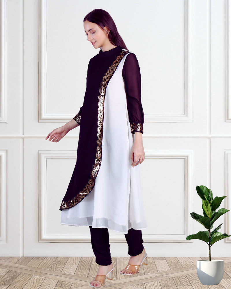 Women's Sequins Motifs Embellished Georgette Colour Block Kurti Pant Set