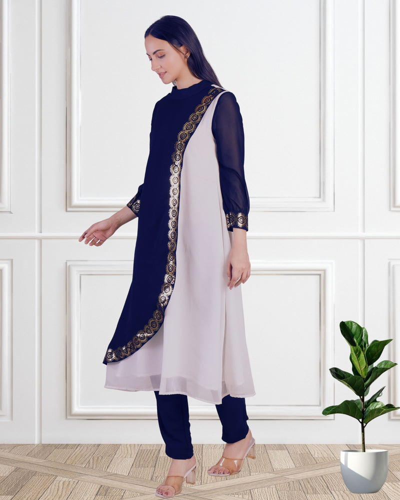 Women's Sequins Motifs Embellished Georgette Colour Block Kurti Pant Set