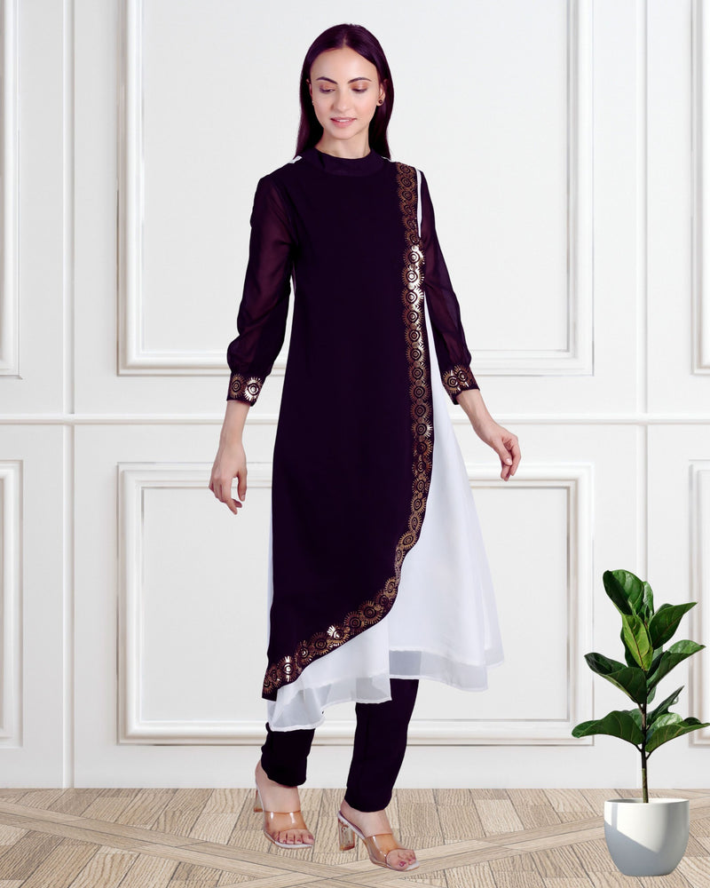 Women's Sequins Motifs Embellished Georgette Colour Block Kurti Pant Set