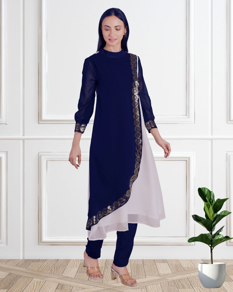 Women's Sequins Motifs Embellished Georgette Colour Block Kurti Pant Set