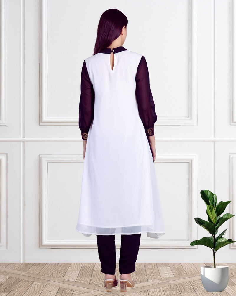 Women's Sequins Motifs Embellished Georgette Colour Block Kurti Pant Set