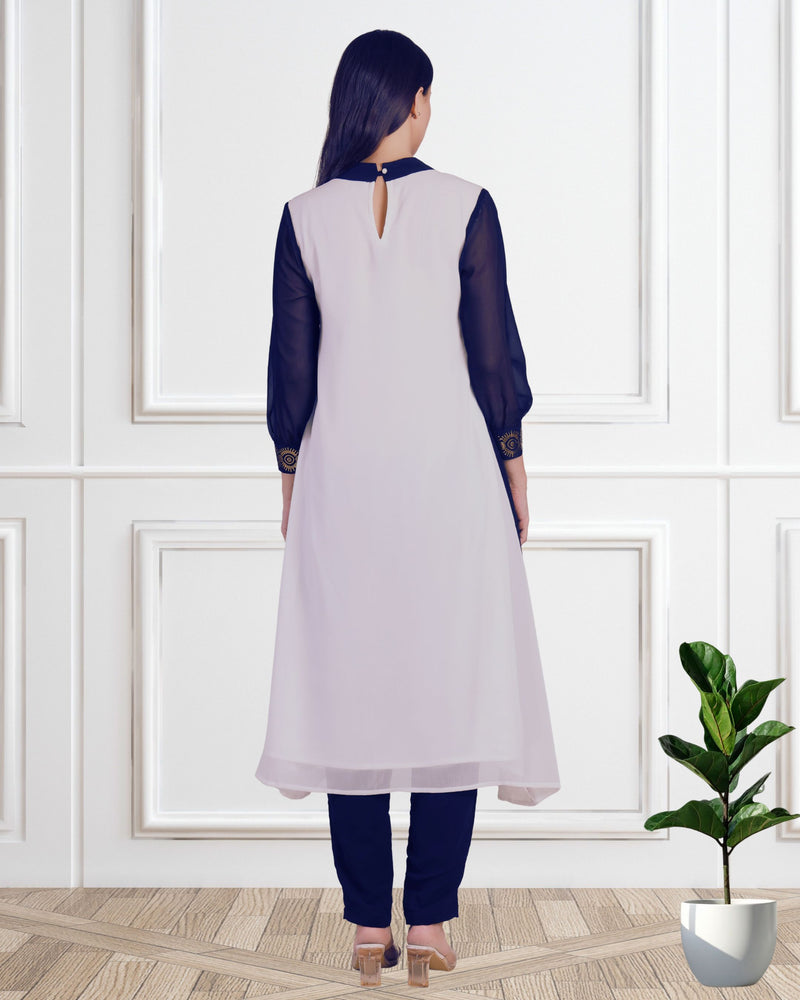 Women's Sequins Motifs Embellished Georgette Colour Block Kurti Pant Set