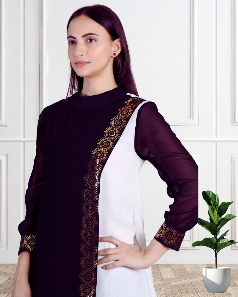 Women's Sequins Motifs Embellished Georgette Colour Block Kurti Pant Set