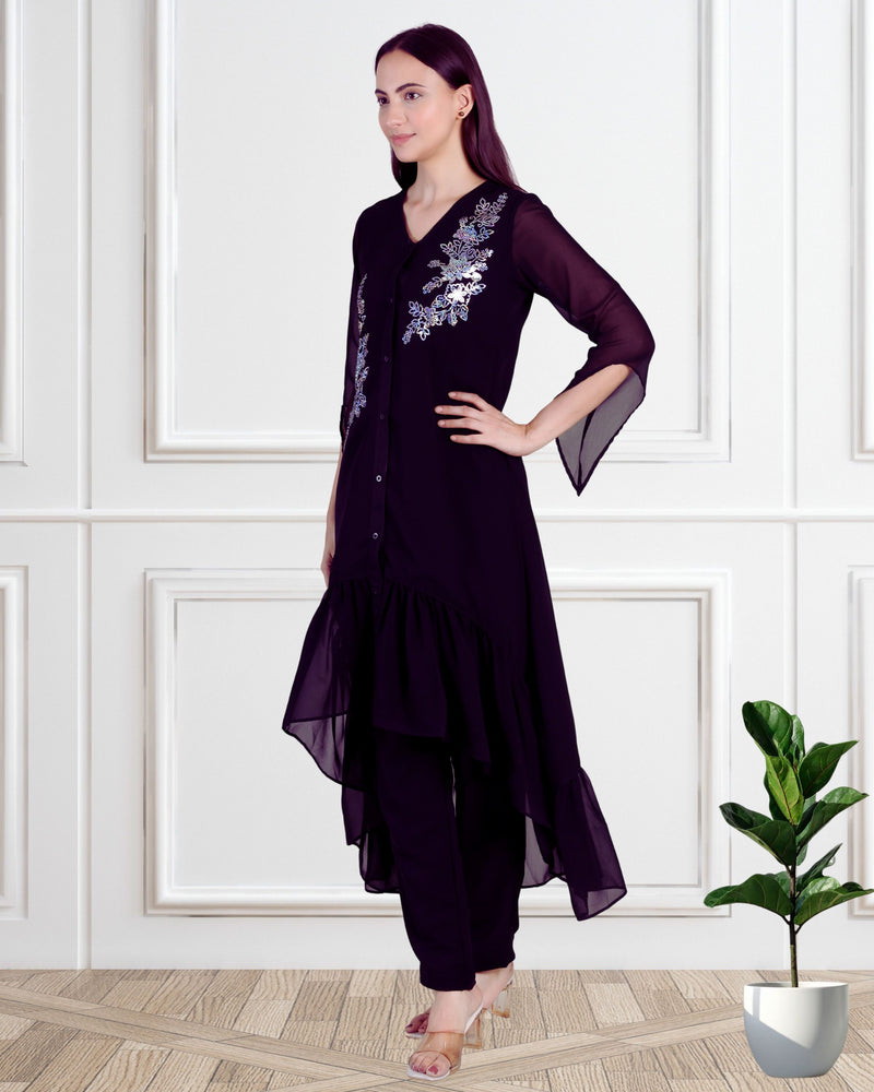 Women's Sequins Motifs Embellished Georgette Frilled Set