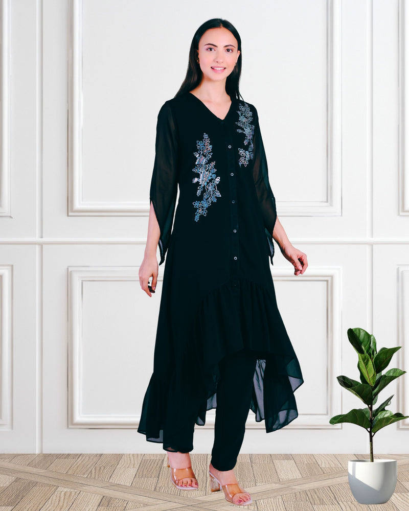 Women's Sequins Motifs Embellished Georgette Frilled Set